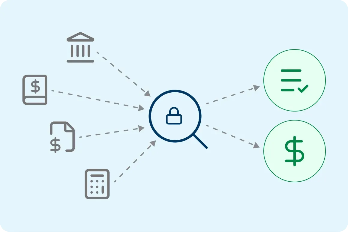 Visual map showing the process of securely searching data to find matches and savings.